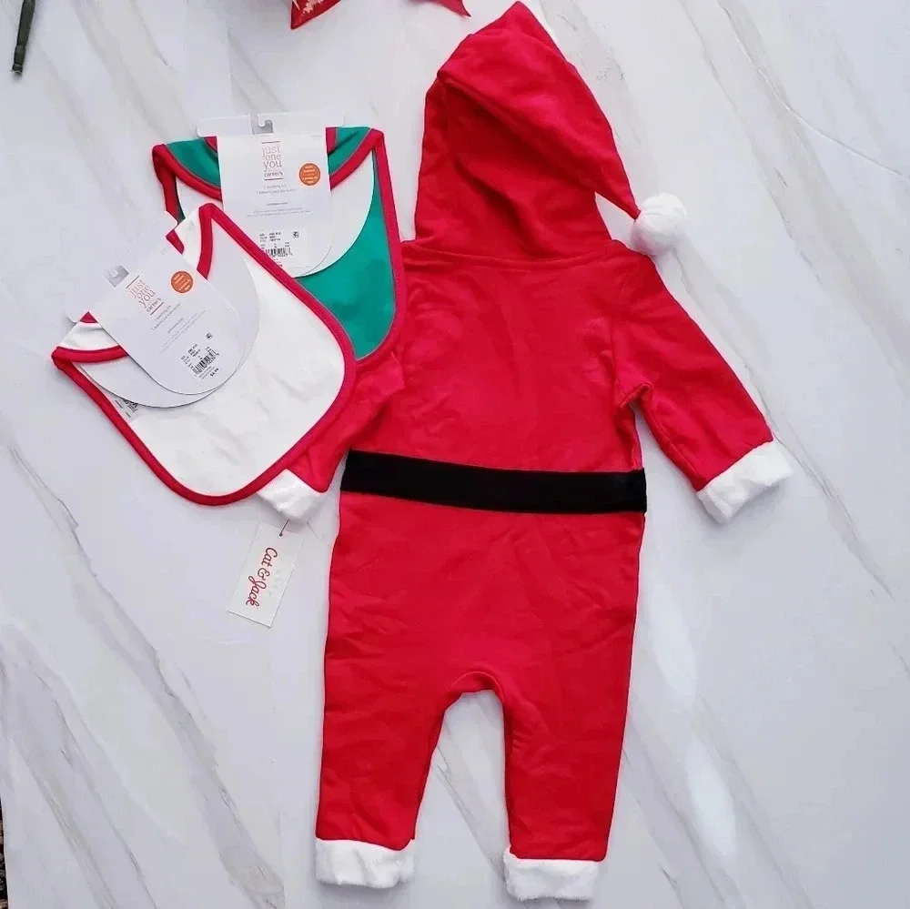 Cat & Jack Baby Lot Santa Outfit & 2 Bibs Carter's Christmas Holiday